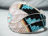 Superb Zuni Native American Turquoise Textured Inlay Sterling Silver Bracelet-Nativo Arts