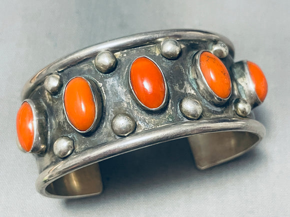 Huge Hallmark! Vintage Native American Navajo Domed Coral Sterling Silver Bracelet-Nativo Arts