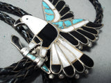 Native American Museum Flying Eagle Vintage Zuni Turquoise Inlay Sterling Silver Bolo Tie-Nativo Arts