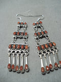 Rare Double Sided Native American Zuni Chandelier Coral Turquoise Sterling Silver Earrings-Nativo Arts