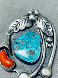 Native American Important Vintage Navajo Turquoise Coral Sterling Silver Pendant Pin Old-Nativo Arts