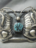 Detailed Huge Native American Navajo Butterfly Turquoise Sterling Silver Bracelet-Nativo Arts
