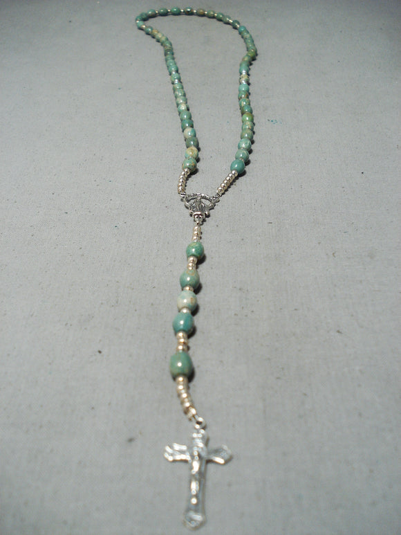 Amazing Native American Navajo Football Shaped Green Turquoise Sterling Silver Rosary Necklace-Nativo Arts