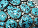 Chunky Vintage Native American Navajo Sleeping Beauty Turquoise Cluster Sterling Silver Buckle-Nativo Arts