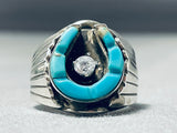 Eye-catching Native American Navajo Turquoise Diamond Sterling Silver Horseshoe Ring-Nativo Arts