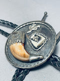 Carved Bear Motif Vintage Native American Navajo Sterling Silver Bolo Tie Old-Nativo Arts