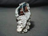 Inlay Master Native American Zuni Inlay Turquoise Coral Jet Sterling Silver Feathers Ring-Nativo Arts