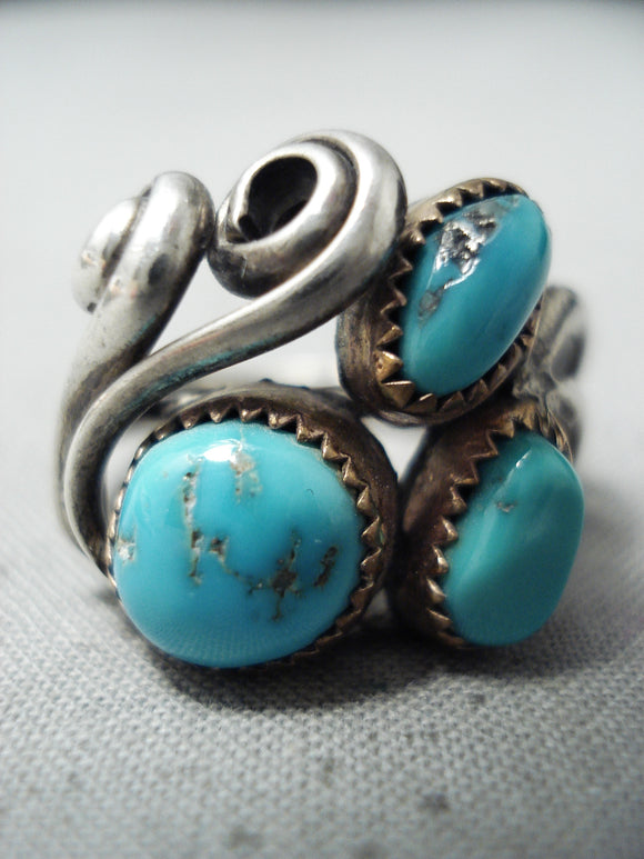 Incredibly Intricate Vintage Native American Navajo Blue Gem Turquoise Sterling Silver Ring Old-Nativo Arts