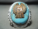 Native American Important Hand Carved Turquoise Eagle Sterling Silver Big Ring-Nativo Arts