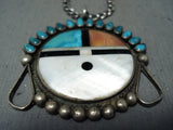 Beautiful Vintage Native American Zuni Turquoise Coral Sterling Silver Sunface Necklace-Nativo Arts