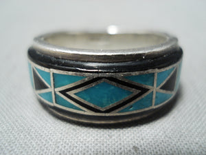 Vic Trujillo Vintage Native American Navajo Turquoise Jet Inlay Sterling Silver Ring-Nativo Arts