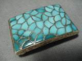 Detailed Scarce Vintage Zuni Native American Navajo Turquoise Inlay Sterling Silver Belt Buckle-Nativo Arts