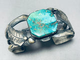 Thicker Vintage Native American Navajo Turquoise Sterling Silver Leaves Bracelet-Nativo Arts