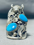 Unique Native American Navajo 2 Kingman Turquoise Sterling Silver Buffalo Gigantic Ring-Nativo Arts
