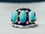 Remarkable Native American Navajo 3 Blue Gem Turquoise Sterling Silver Ring-Nativo Arts