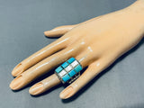 Amazing Vintage Native American Navajo 6 Turquoise 3 Mother Of Pearl Sterling Silver Ring-Nativo Arts
