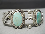 Rare Vintage Native American Navajo Carico Lake Turquoise Sterling Silver Leaf Bracelet Old-Nativo Arts