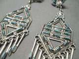 Very Unique!! Zuni Native American Sterling Silver Long Turquoise Earrings-Nativo Arts