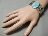 Rare Early Vintage Native American Navajo Carico Lake Turquoise Animal Sterling Silver Bracelet-Nativo Arts