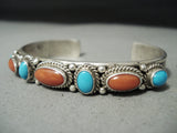 Signed Incredible Vintage Native American Navajo Blue Turquoise Coral Sterling Silver Bracelet-Nativo Arts