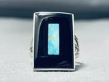 Important Vintage Native American Zuni Turquoise Jet Sterling Silver Long Ring-Nativo Arts