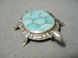 Unique Vintage Native American Zuni Turquoise Inlay Sterling Silver Turtle Pin Pendant-Nativo Arts