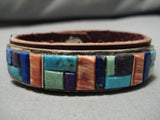 Unique!! Vintage Native American Navajo Turquoise Sterling Silver Inlay Leather Bracelet-Nativo Arts