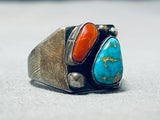 Important Vintage Signed Native American Navajo Blue Gem Turquoise Coral Sterling Silver Ring-Nativo Arts