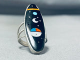 Amazing Native American Navajo Signed Cosmic Inlay Jet Turquoise Sterling Silver Large Ring-Nativo Arts