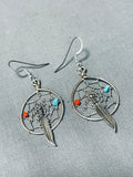 Exceptional Native American Navajo Turquoise & Coral Sterling Silver Dreamcatcher Earrings-Nativo Arts