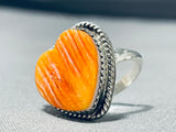 Spectacular Native American Navajo Orange Spiny Oyster Sterling Silver Heart Ring Signed-Nativo Arts