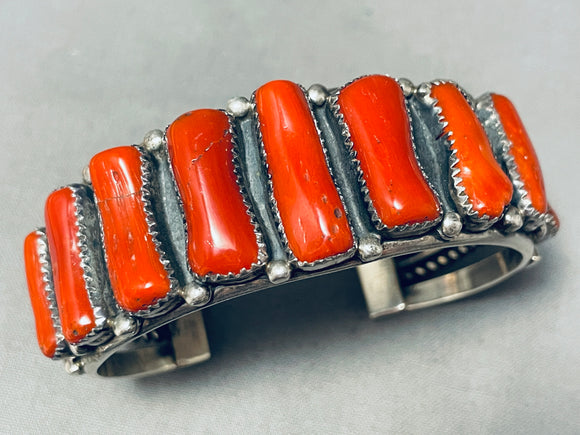 One Of The Best Ever Vintage Native American Navajo Long Coral Sterling Silver Bracelet-Nativo Arts