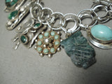 Cute!! Vintage Native American Navajo Zuni Turquoise Sterling Silver Charm Bracelet-Nativo Arts