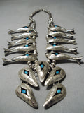 Advanced Silver Work Vintage Native American Navajo Sterling Turquoise Squash Blossom Necklace-Nativo Arts