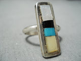 Native American Gorgeous Vintage Zuni Turquoise Inlay Sterling Silver Shell Ring-Nativo Arts