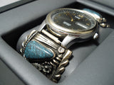 Native American Important Lander Blue Turquoise Gold Sterling Silver Watch Bracelet-Nativo Arts
