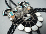 One Of The Biggest Vintage Native American Zuni Turquoise War God Sterling Silver Bolo Tie-Nativo Arts