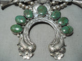 300+ Gram Vintage Native American Navajo Green Turquoise Sterling Silver Squash Blossom Necklace-Nativo Arts