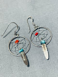 Fantastic Native American Navajo Turquoise Coral Sterling Silver Dream Catcher Earrings-Nativo Arts
