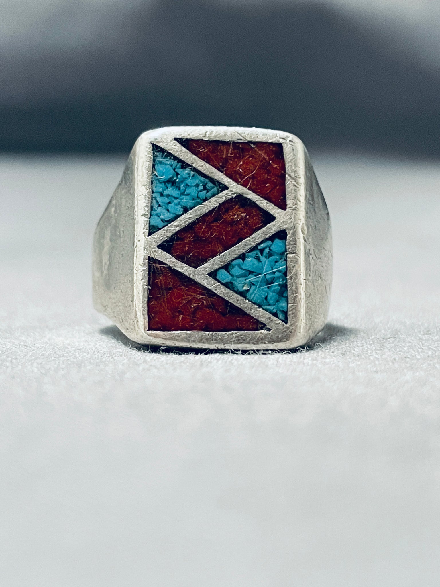 Vintage Sterling Silver Turquoise Coral outlets Chip Inlay Men's Ring