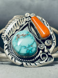 Ornate Vintage Native American Navajo Carico Lake Turquoise Coral Sterling Silver Bracelet-Nativo Arts