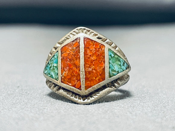 Intricate Vintage Native American Navajo Coral Turquoise Sterling Silver Ring Old-Nativo Arts