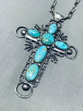 Native American One Of The Best Vintage Navajo Turquoise Cross Sterling Silver Necklace Old-Nativo Arts