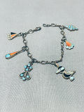 Important Vintage Native American Zuni Dishta Turquoise Sterling Silver Inlay Charm Bracelet Old-Nativo Arts