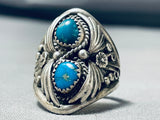 Native American Rare Vintage Highly Detailed Turquoise Sterling Silver Ring Old-Nativo Arts