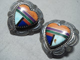 Intricate Vintage Native American Navajo Turquoise Heart Sterling Silver Earrings-Nativo Arts