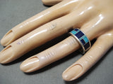 Eyecatching Vintage Native American Navajo Turquoise Lapis Inlay Sterling Silver Ring Old-Nativo Arts