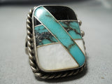 Famous Mine Towering Vintage Native American Navajo Blue Thunder Turquoise Sterling Silver Ring-Nativo Arts