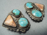 Dazzling Vintage Native American Navajo Turquoise Sterling Silver Shell Earrings-Nativo Arts