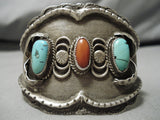 Stunning Vintage Native American Navajo Deepset Coral Sterling Silver Bracelet Old-Nativo Arts